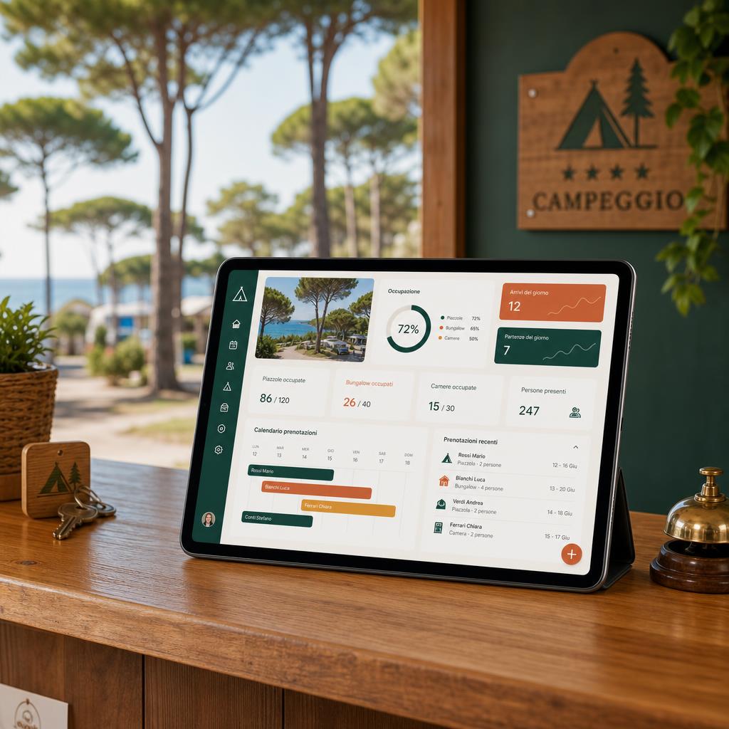 Dashboard del gestionale per campeggi su tablet